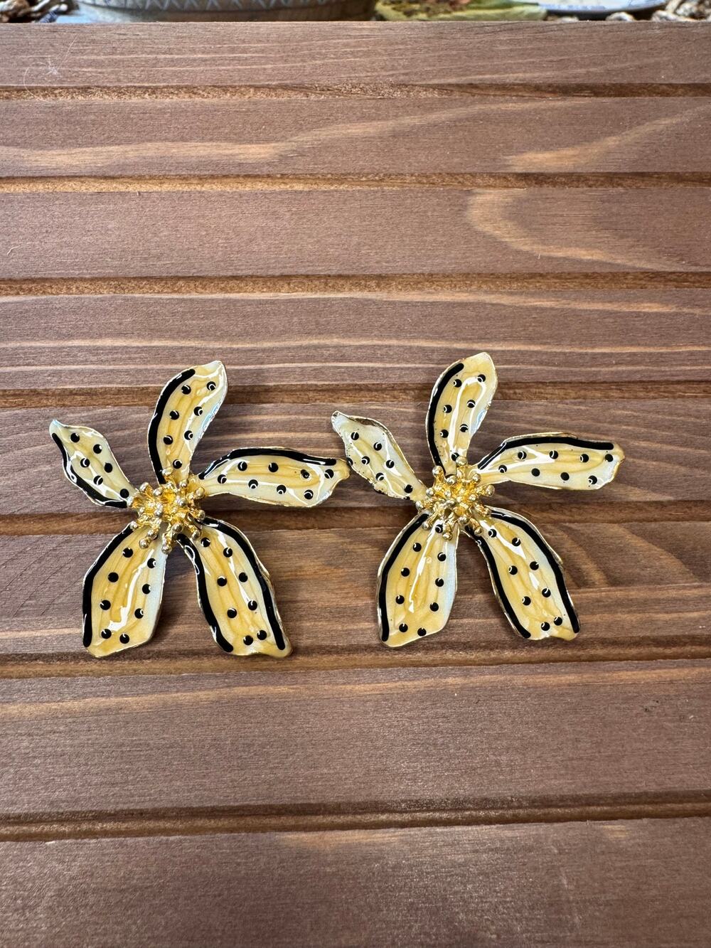 Beige Black Polka Dot Earrings Hibiscus Plumeria Flower Earrings